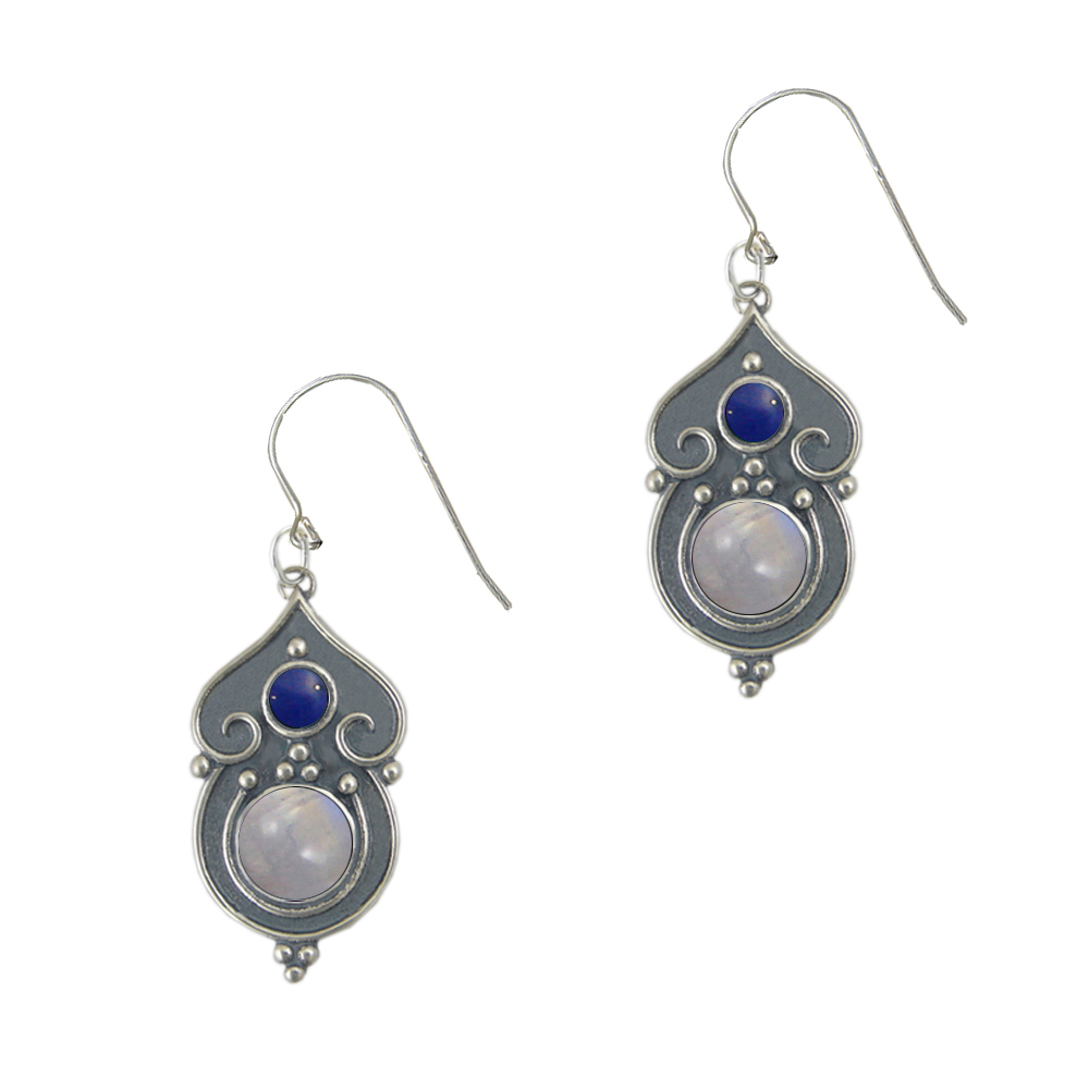 Sterling Silver Gothic Inspired Drop Dangle Earrings With Rainbow Moonstone And Lapis Lazuli